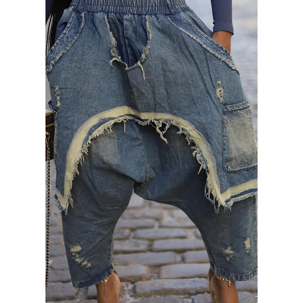Womens Elastic Waist Wide Leg Cargo Jeans Boho Harem Capris Summer Trendy - Picture 7 of 9